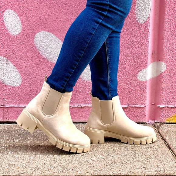 Beige Vegan Suede Chunky Lug Boots - Picture 2 of 8